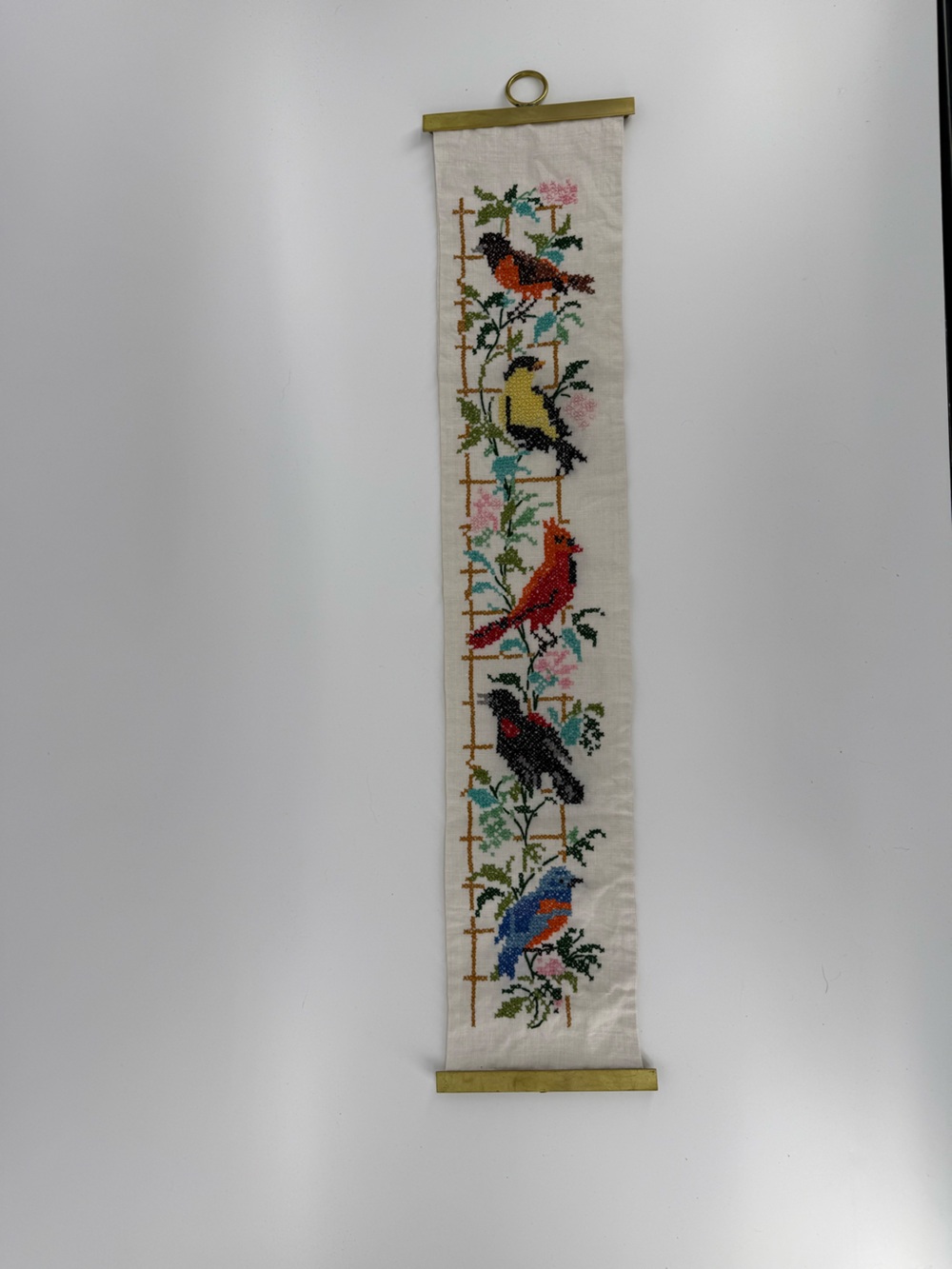 Vintage Handmade Bird Cross Stitch Wall Hanging Brass Rods